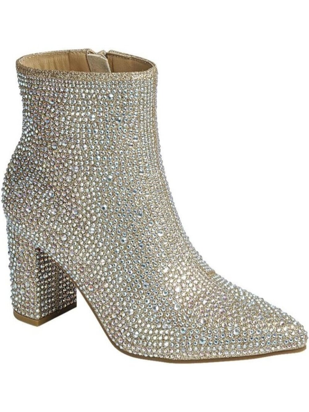 Women's Champagne Stylish Pointed Toe Rhinestone Block Medium Heel Ankle Booties